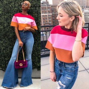 Herve Leger Striped Bandage Crop Top Tri Color Striped Small